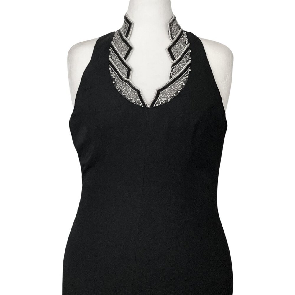 Vintage 90s Black Beaded Halter Prom Formal Dress. M/L 14. Art Deco Whimsigoth - Picture 7 of 10